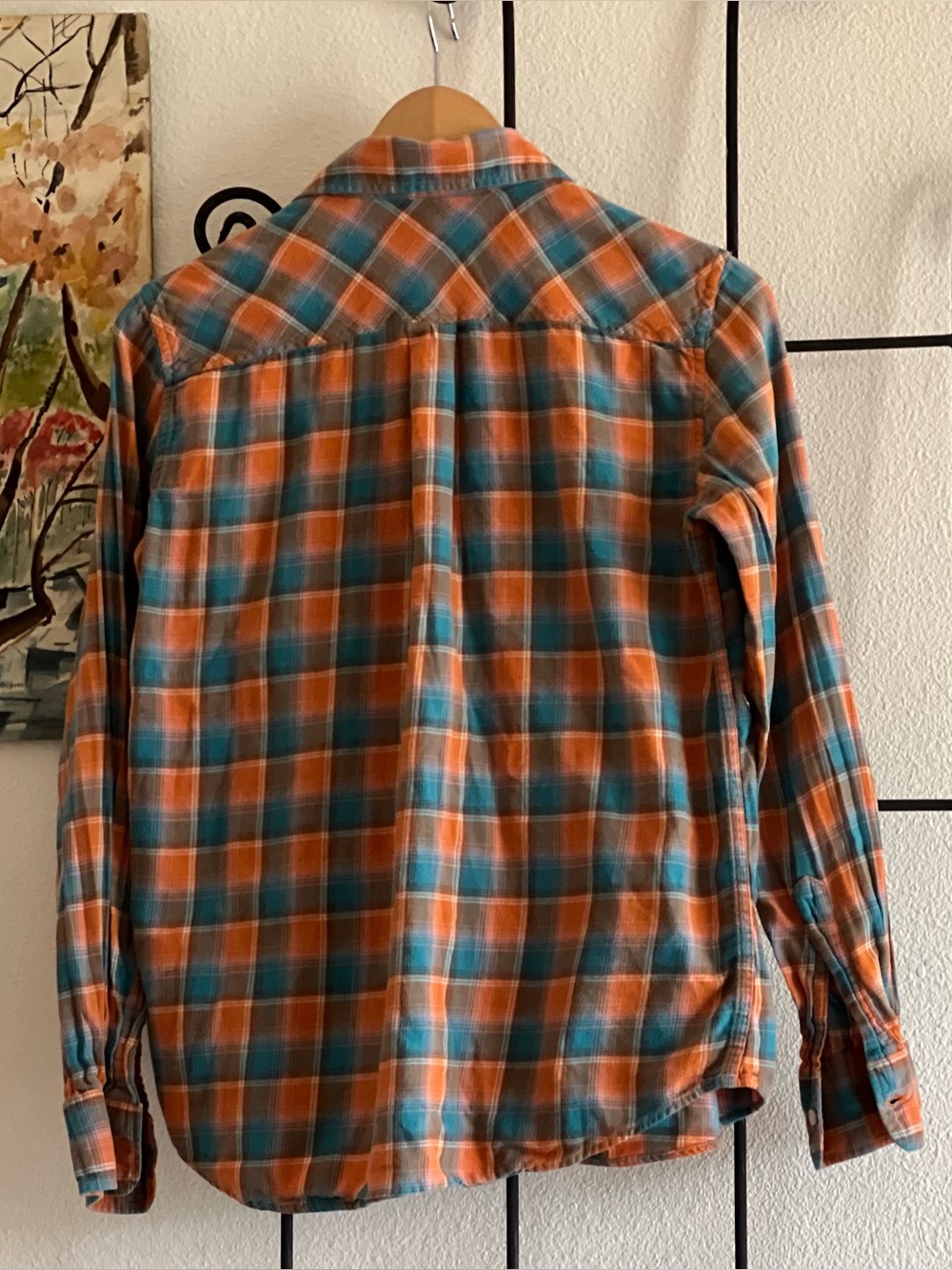 Women’s 90s Style Orange and Blue Cabincore, Plaid Flannel Shirt, Size Small - Picture 2 of 5